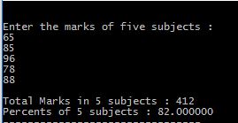 Output of Program in C to calculate sum of 5 subjects and find percentage