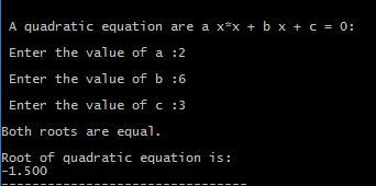 Output of Program in C to Find the roots of a Quardratic equation