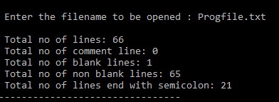 Output of C file handling program to Count No of Lines, Blank Lines, Comments in a given Program