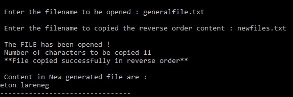 Output of C file handling program to Reverse the Contents of a File and Print it on output screen