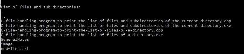 Output of C file handling program to print the list of files and subdirectories of the current directory