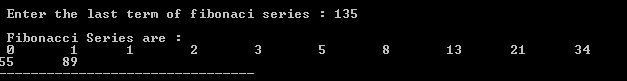 Output of C Program using function to Display Fibonacci Sequence