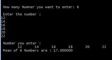 Output of Program in C to find the mean of n number using pointer