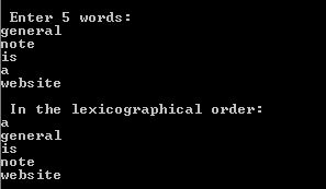 Output of C program to Sort elements in the lexicographical order
