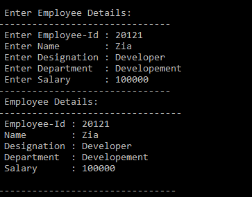 Output of C Program using structure to Accept & display employee details