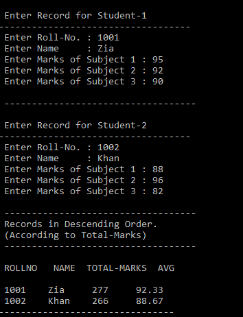 Output of C Program using structure to Arrange student record in descending order