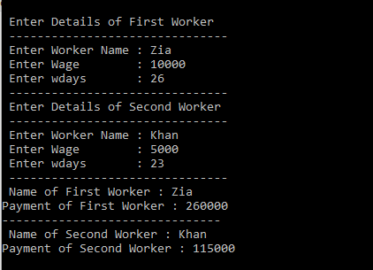 Output of C Program using structure to Calculate total payment of workers