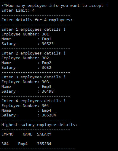 Output of C Program using structure to Display details of highest paid employee