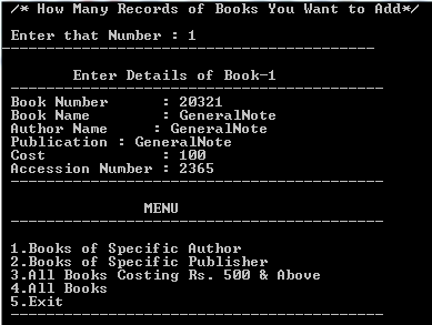 Output of C Program using structure to Menu driven for a book shop