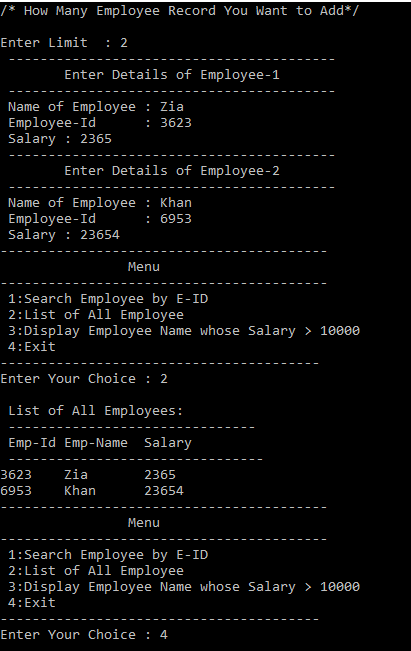 Output of C Program using structure to Menu driven for an employee