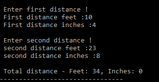 Output of C program to add two distances in feet and inches using structure